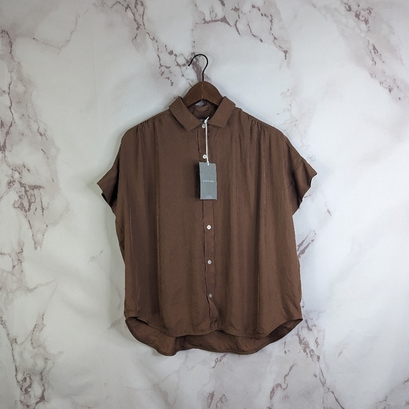 Everlane Shirt 00 2XS Women Brown Coco Button Up Short Sleeve Japanese Go Weave - Picture 3 of 16